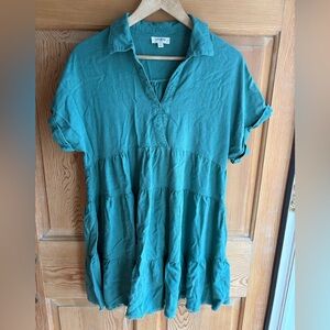 Umgee Teal Raw-Hemmed Tiered Dress | Boho Chic | Size Medium